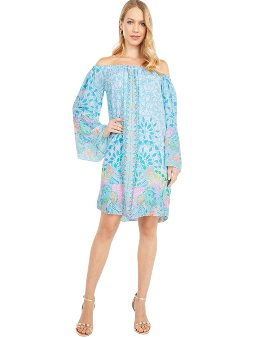 Lilly Pulitzer Nevie Off-the-Shoulder Dress Blue Pink Print Size M